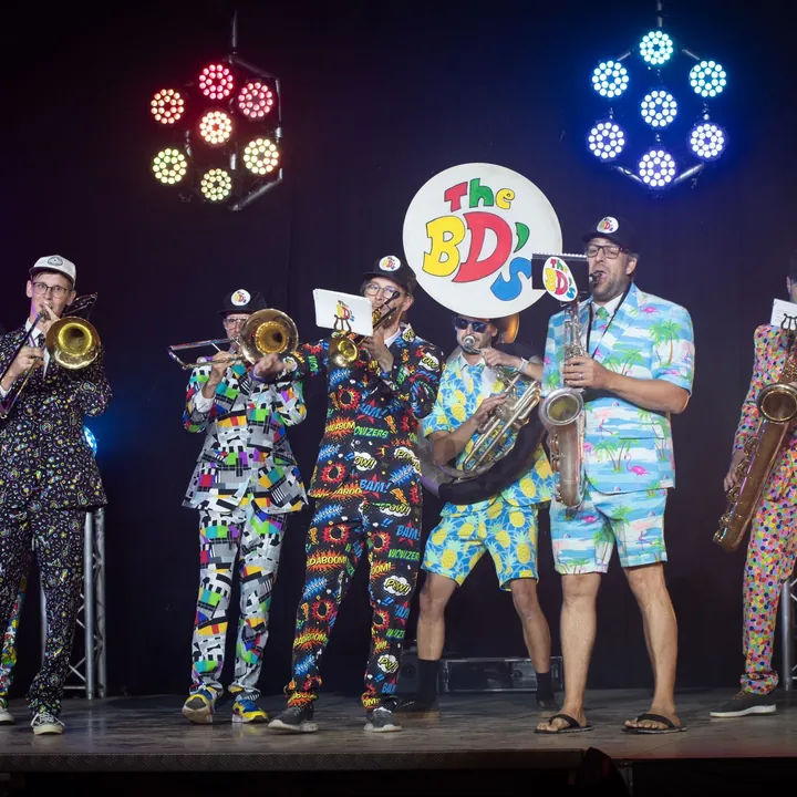 Toute la bande sur scène, en costumes, sous les projecteurs colorés, le panneau au logo en l’air